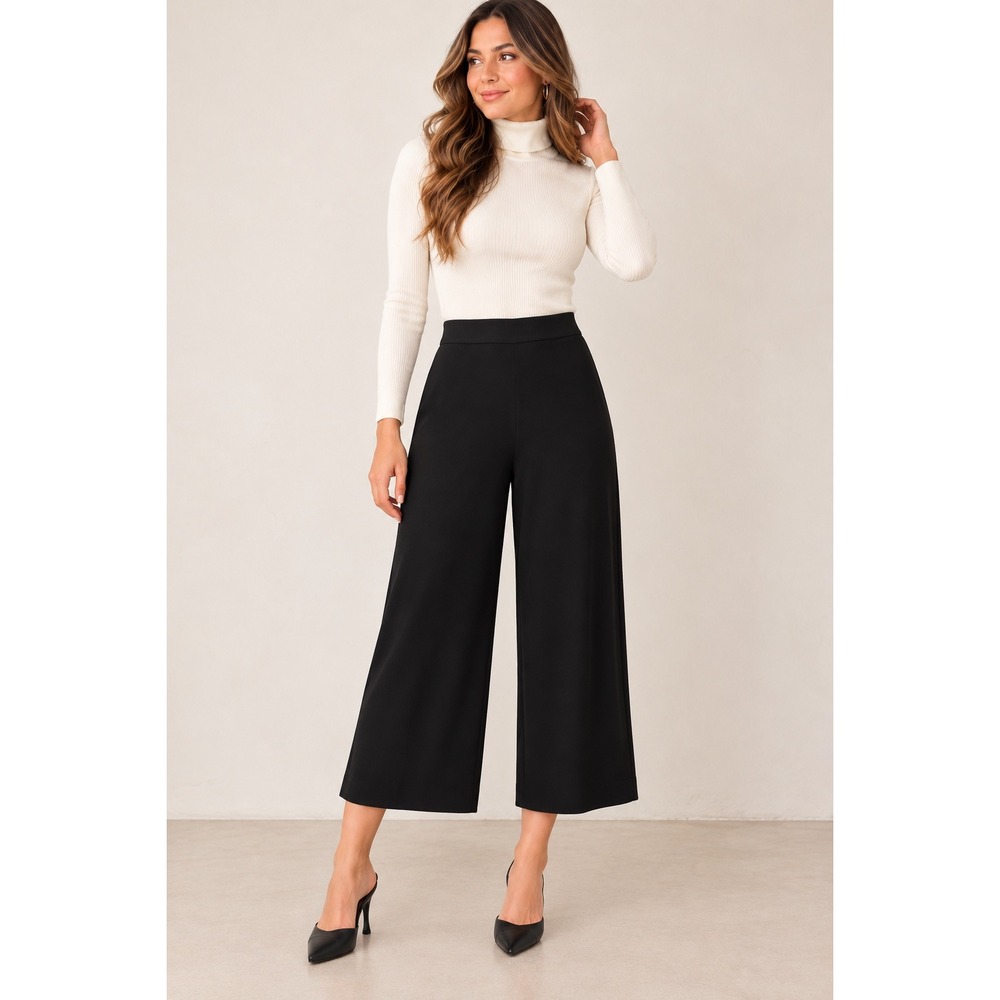 Banana Republic Womens Black Wide Leg Cropped Pants High Rise Satin Waist 8